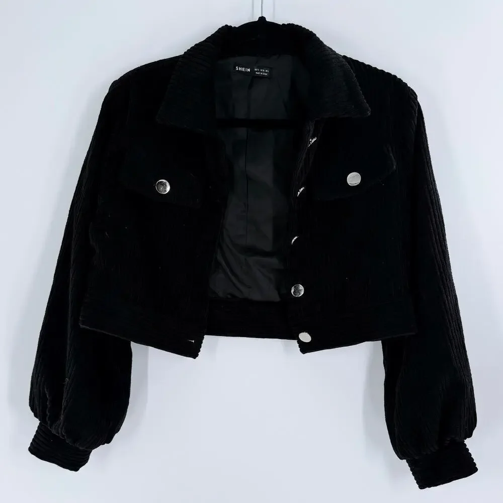 Women’s Cropped Black Corduroy Snap Button Jacket Structured Fit Size Small